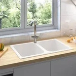 vidaXL K&uuml;chensp&uuml;le mit &Uuml;berlauf Doppelbecken Wei&szlig; Granit