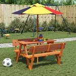 vidaXL Picknicktisch f&uuml;r 4 Kinder mit Sonnenschirm Massivholz Tanne