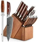 Damaskus K&uuml;chenmesser Set 15er mit Akazienholz Messerblock und Schere