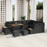 vidaXL 13-teiliges Garten-Sofa-Set mit Kissen Schwarz Poly-Rattan Akazie