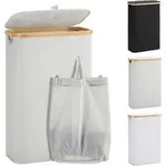 W&auml;schekorb mit Deckel 48L faltbarer Bambus Laundry Basket Grau