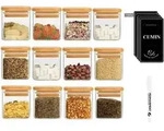 Glas Gew&uuml;rzgl&auml;ser Set 12er Organizer Bambusdeckel Etiketten