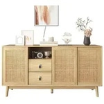 155cm L Kommode Sideboard mit 3 Schiebet&uuml;ren aus Echtem Rattan und 2...