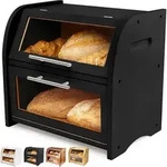 Brotkasten Akazie Holz Bel&uuml;ftung Sichtfenster 2 Regale Bamboo Black