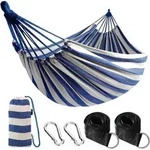 H&auml;ngematte Baumwolle Gurte Reisetasche Camping Terrasse Blau Wei&szlig;