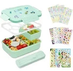 Brotdose Kinder Bento Box Besteckset Aufkleber 1300ML 6 F&auml;chern gr&uuml;n