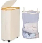 W&auml;schekorb W&auml;schesammler Innentasche Deckel 75L mit R&auml;dern Beige