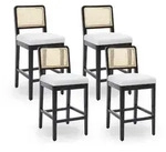 Barhocker 4er Set Rattan R&uuml;ckenlehne Massivholz Leinen Sitzpolster Beige