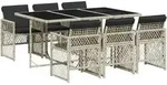 Essgruppe 7tlg Tisch 6St&uuml;hle Kissen Hellgrau Poly Rattan Glas Hellgrau