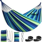 H&auml;ngematte Baumwolle Camping 300kg Blau Gr&uuml;n Gestreift 300x150cm