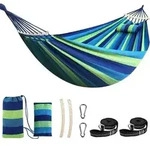 H&auml;ngematte Baumwolle Camping Spreizstab Blau Gr&uuml;n Gestreift 270x150cm