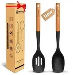2-teiliges Kochl&ouml;ffel-Set Silikon mit Holzgriff, hitzebest&auml;ndig, schwarz