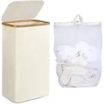 W&auml;schekorb schmal Innentasche waschbar Griffe 75L mit Deckel Beige