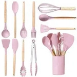 K&uuml;chenhelfer Set Silikon 12-teilig Rosa Hitzebest&auml;ndig Holzgriff