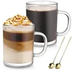 2er Set Cappuccino Tassen 350ml Borosilikatglas geriffelt mit L&ouml;ffel