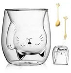 Doppelwandiges Glas mit Katzenmotiv 200 ml inkl. L&ouml;ffel und Gabel