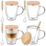 Doppelwandige Kaffeegl&auml;ser 4x350ml Borosilikatglas mit Deckel und L&ouml;ffel