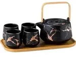 Japanisches Keramik-Teeset f&uuml;r 4 Personen mit Holztablett, schwarz