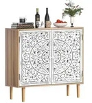 Sideboard Holz wei&szlig; mit floraler Zierleiste, Aufbewahrungsschrank mit T&uuml;ren...