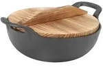 Gusseisen Wok 25cm mit Holzdeckel, flacher Boden, f&uuml;r alle Herdarten