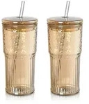 Trinkglas mit Strohhalm und Deckel 650ml Bernstein 2er Set gerippt