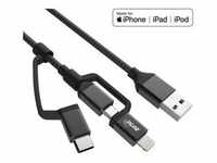 InLine® 3-in1 USB Kabel, Micro-USB, Lightning, USB-C, schwarz/Alu, 1,5m