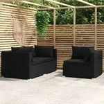 vidaXL 3-tlg. Garten-Lounge-Set mit Kissen Schwarz Poly Rattan