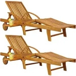 Gartenliege 2er-Set Akazienholz klappbar mit Ausziehtisch und Rollen