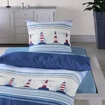 Traumschlaf Seersucker Bettw&auml;sche Leuchtturm 200x200 cm + 2x 80x80 cm - blau