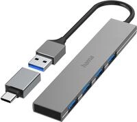 Hama USB-Hub, 4 Ports, USB 3.2 Gen1, 5 Gbit/s, Ultra Slim, inkl. USB-C-Adapter
