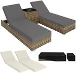 TecTake GmbH 2 Sonnenliegen Rattan mit Aluminiumgestell und Tisch inkl. Schutzh&uuml;lle