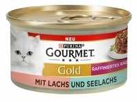 12 x 85g Raffiniertes Ragout Lachs und Seelachs Duo Gourmet Gold Katzenfutter nass