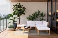 OUTFLEXX Ecklounge, Akazie, 5 Personen, inkl. Tisch &oslash; 80 cm und Polster aus Olefin