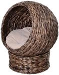 PawHut Rattan Katzenkorb Katzenh&uuml;tte Katzenh&ouml;hle mit Kissen Haustierbett Braun