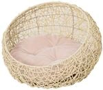 Katzenbett aus Rattan mit Kissen Katzenh&ouml;hle Hundeh&uuml;tte Beige &Oslash;56 x 35 cm