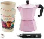 STONELINE Espressokocher Set mit Becher & Milchaufsch&auml;umer, Rosa