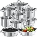 tectake&reg; Kochtopfset, 15-teilig, aus Edelstahl, f&uuml;r Induktion geeignet, Glasdeckel