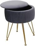 Sitzhocker MCW-K47, Hocker mit Staufach, &Oslash; 33cm, Samt-Optik ~ hellgrau, Gestell gold