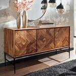 Massivholz Sideboard 120cm Sheesham Natur Design Kommode mit 3 T&uuml;ren Metall schwarz