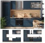 Vicco K&uuml;chenzeile Fame-Line Eiche Dunkelblau Hochglanz 300 cm mit Arbeitsplatte