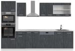 Vicco K&uuml;chenzeile R-Line 300 cm Schwarz Beton Wei&szlig; mit Arbeitsplatte Wei&szlig; Marmor