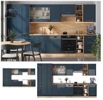 Vicco K&uuml;chenzeile Fame-Line Eiche Dunkelblau Hochglanz 355 cm mit Arbeitsplatte