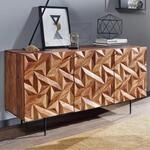 Massivholz Sideboard 145cm Sheesham Kommode mit 3 T&uuml;ren Retro 3D Design Metall