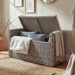Aufbewahrungstruhe Genua, Truhe Sitzbank Garderobenbank, Kissen Kubu Rattan 88cm ~