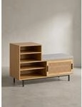 Schuhbank &ndash; Eiche-Dekor, 120x75,5x40 cm, Rattan-Elemente, Sitzbank gepolstert