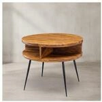 KADIMA DESIGN Massivholz sheesham Couchtisch, rund, 4 Ablagef&auml;cher, schwarzes
