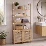 Bambus-Badezimmerschrank MCW-N83, Regal Badschrank, 2 W&auml;schek&ouml;rbe 4 Regalb&ouml;den MVG