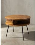 Couchtisch Sheesham Massivholz Metall, Ablagefunktion, 60x45x60 cm, Braun Rund