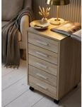 Rollcontainer Holz 5 Schubladen Schmal Mit Rollen, Sonoma 33x38x63 cm