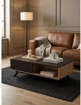 Couchtisch in Schwarz und Eiche-Dekor, MDF, mit Stauraum, Schubladen, Metallbeine,